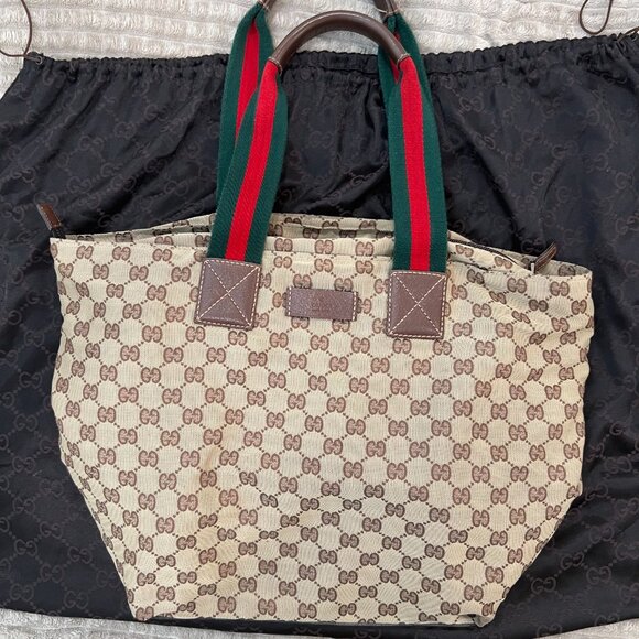 Gucci GG Canvas Monogram Web Tote Bag Brown Red Green Stripe 131231 - Picture 11 of 11